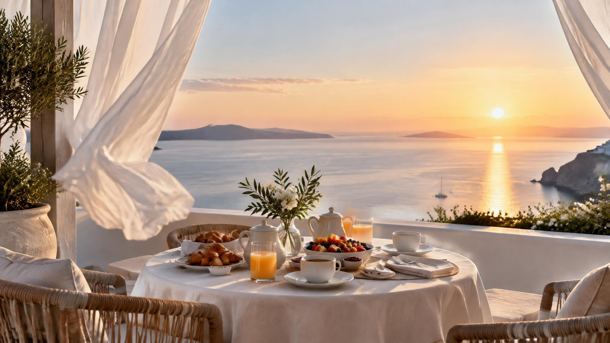 Hotel terrace with a table and a panoramic view of the sea at sunrise