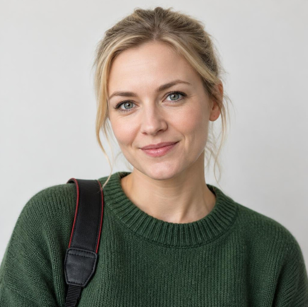 Professional portrait of a young woman photo editor with a camera strap