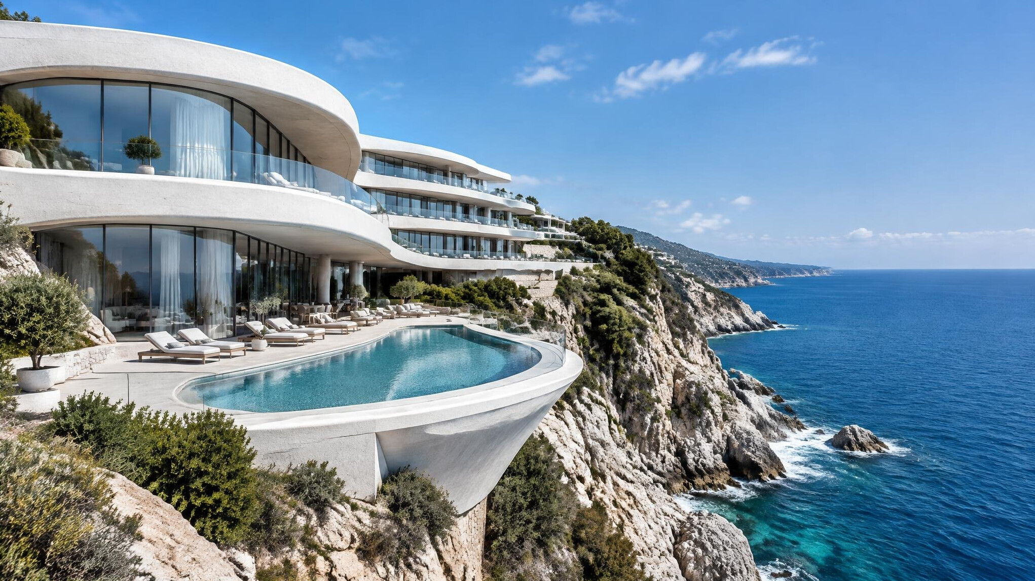 Architecturally striking hotel with curved concrete and glass built into a cliff