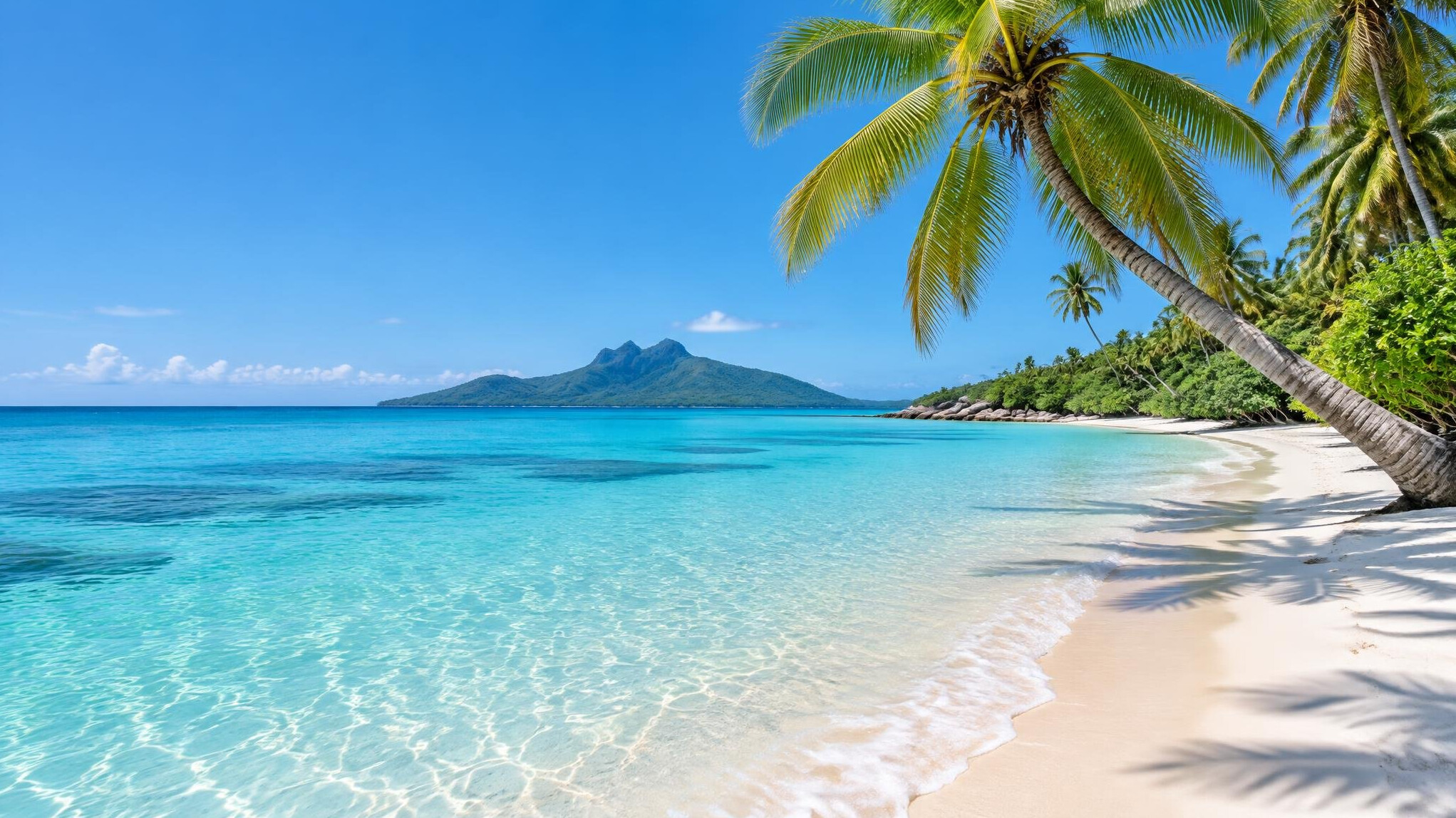 Turquoise lagoon with a tropical beach and palm trees