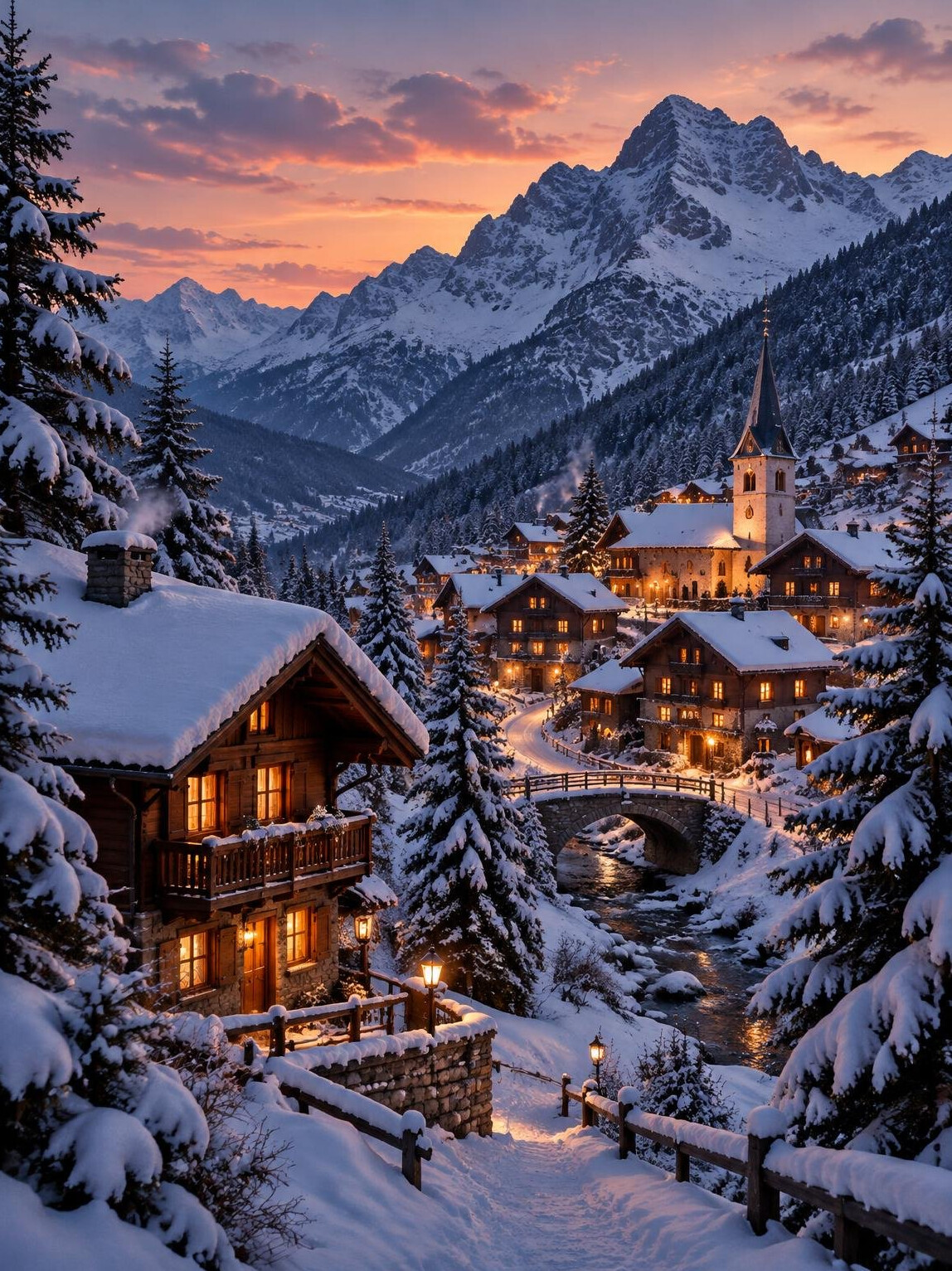 Snowy mountain village with warm lights in winter