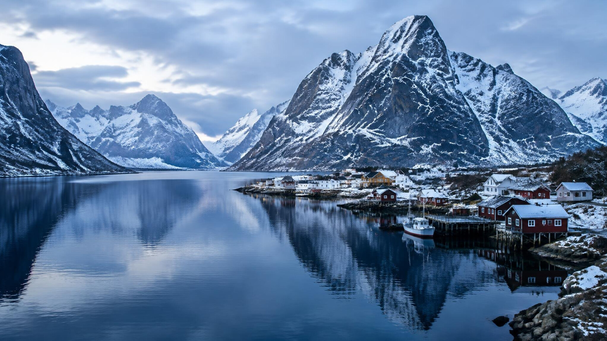 Northern fjord landscape with snowy peaks and calm water