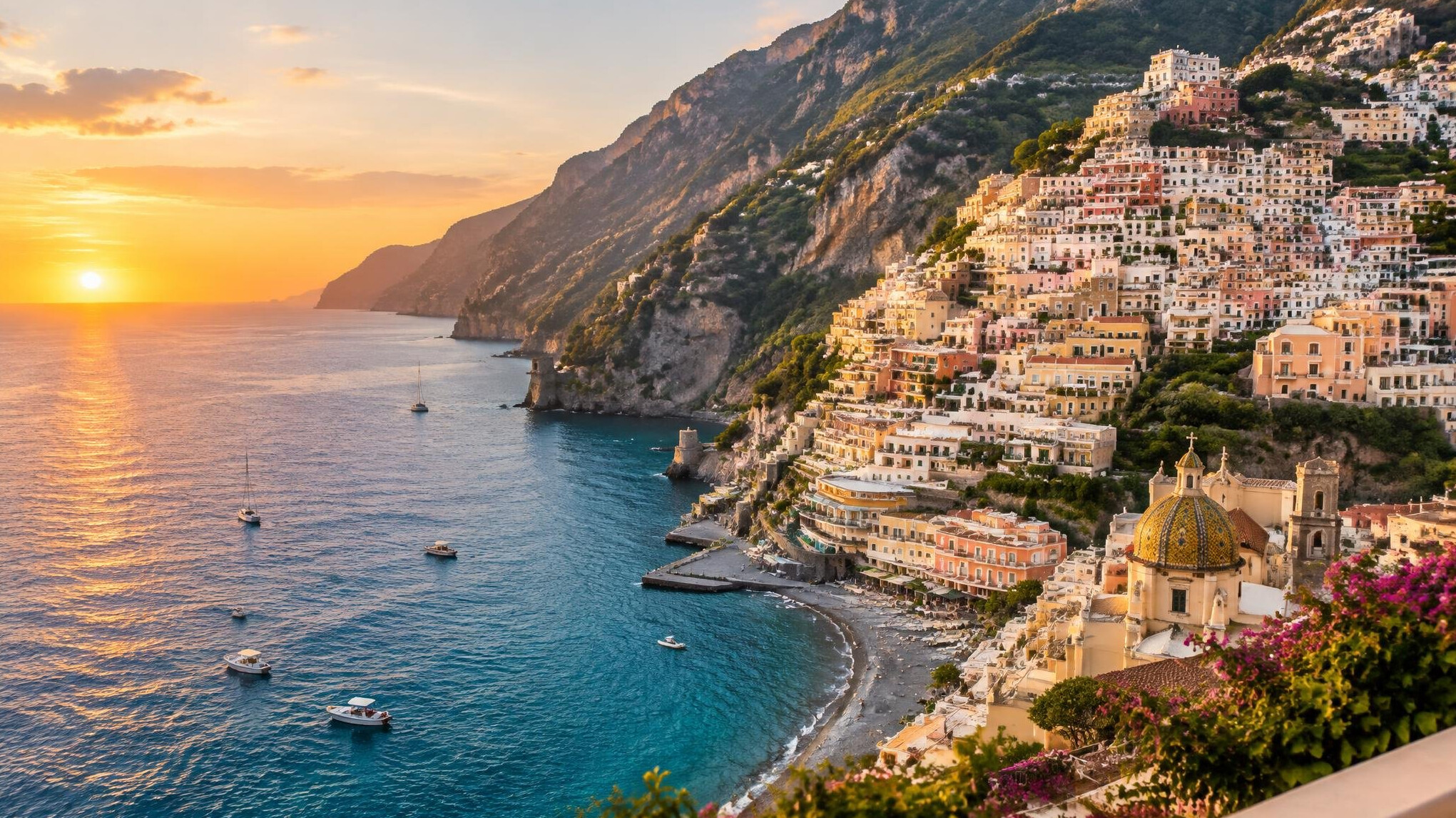 Colorful cliffside village on the Amalfi Coast overlooking the turquoise sea