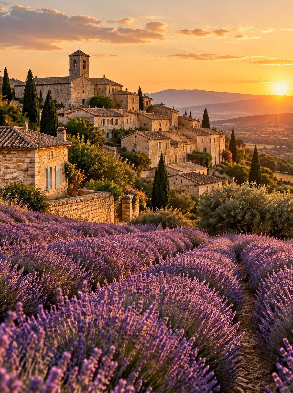 French village with stone houses surrounded by lavender fields in Provence