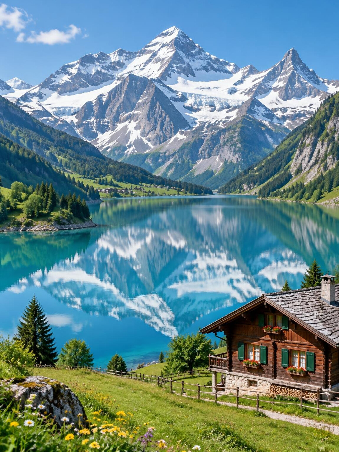 Swiss Alps mountain peaks reflected in a calm alpine lake