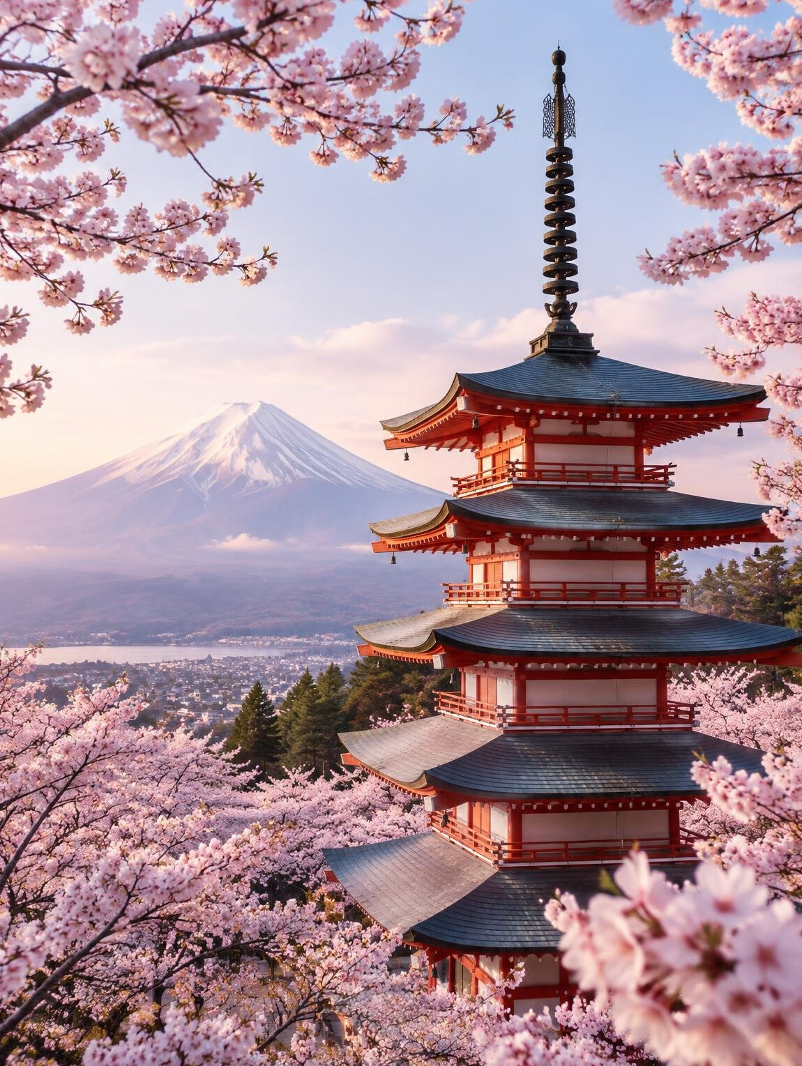Traditional Japanese pagoda with cherry blossoms and a mountain in the background