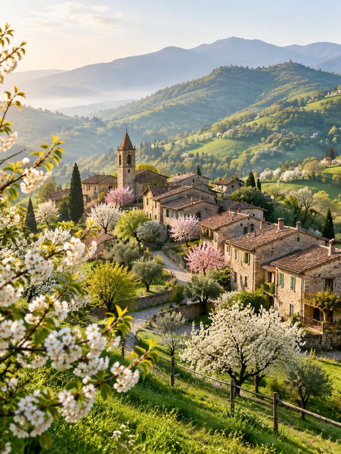 Spring blossoms in a hillside village with green hills