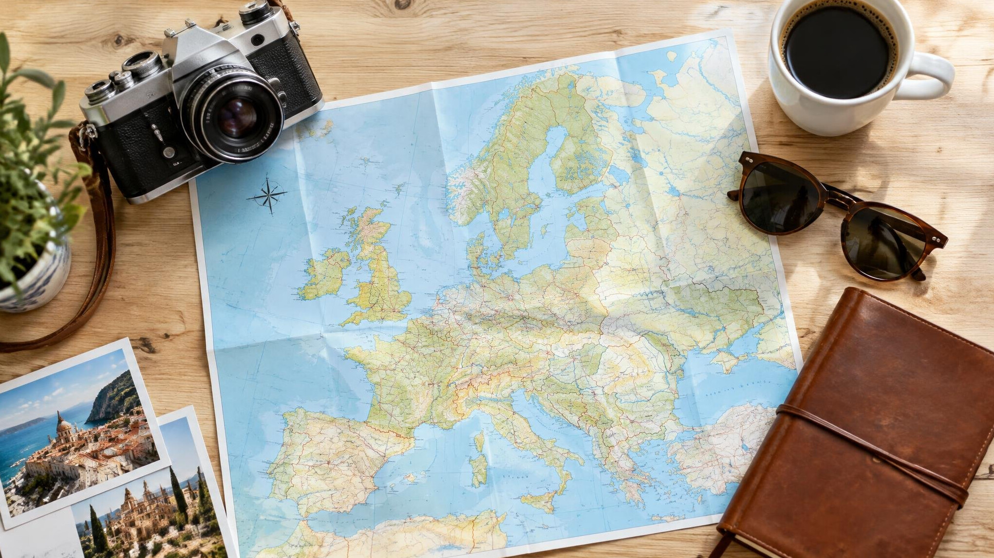 Travel planning flat lay with a paper map, camera and notebook on a wooden table