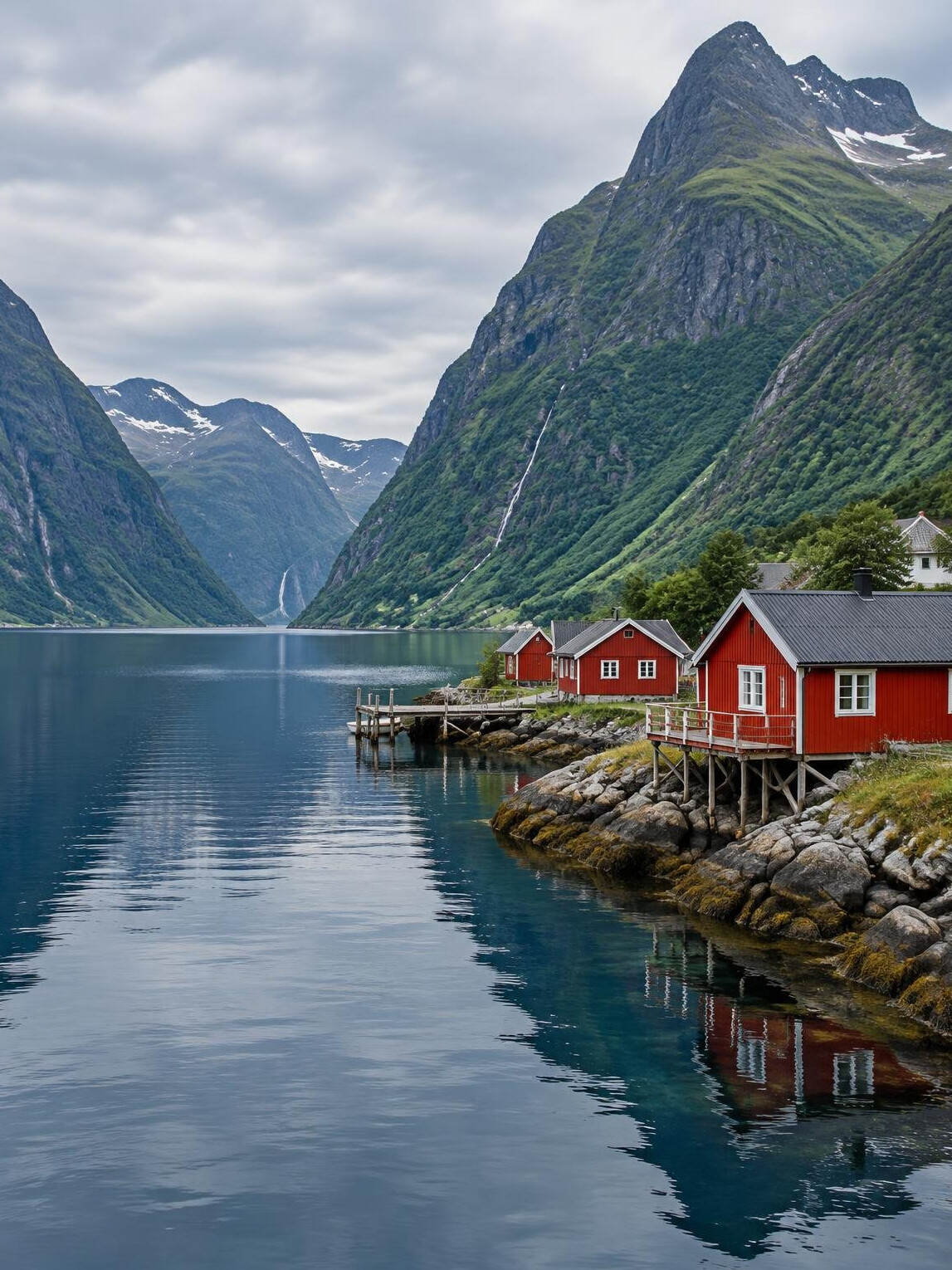 Norwegian fjord with red wooden cabins and steep green mountains