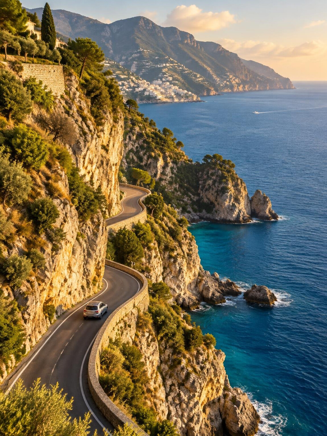 Winding scenic coastal road along the European coastline with a small car