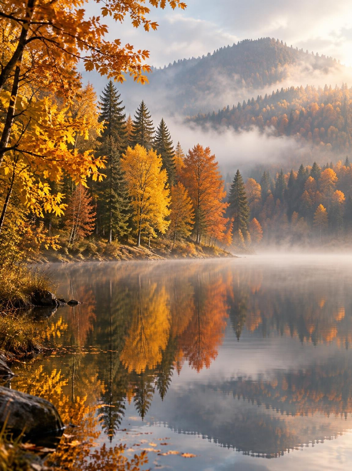 Autumn forest with golden leaves reflected in a lake