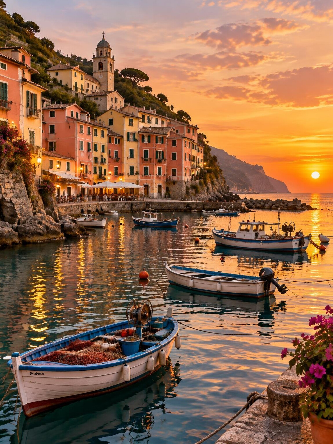 Italian coastal town with pastel houses and a harbour at sunset
