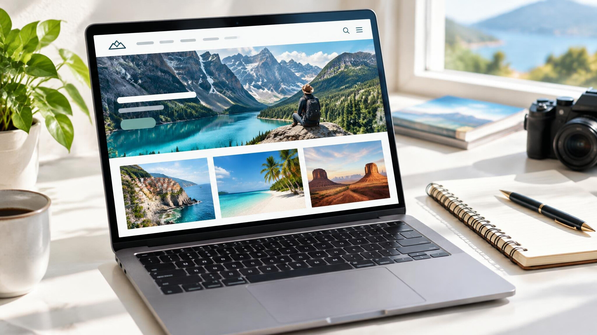 Laptop on a desk showing a travel magazine website layout with large photographs