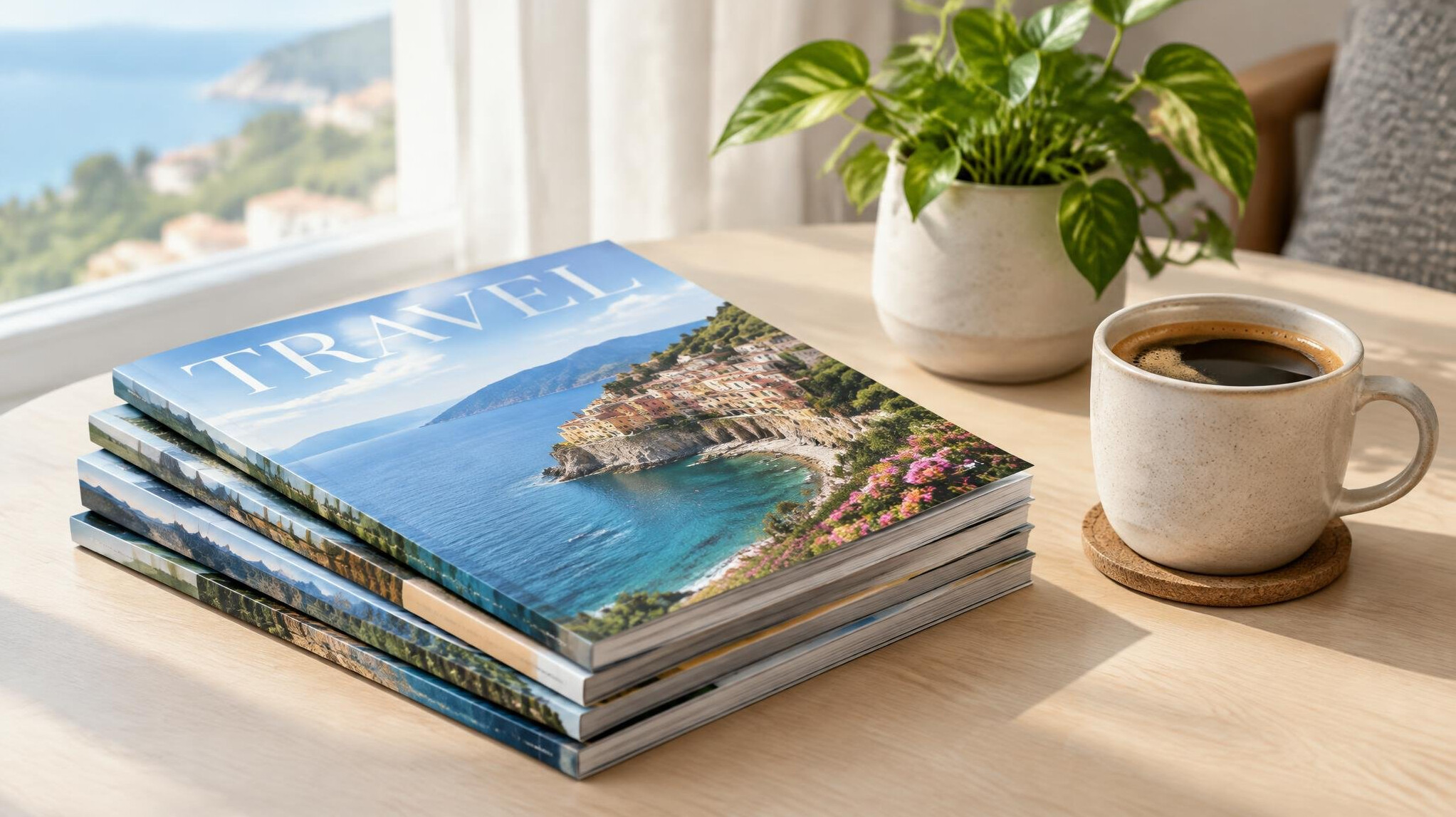 Stack of travel magazine issues next to a coffee cup on a table