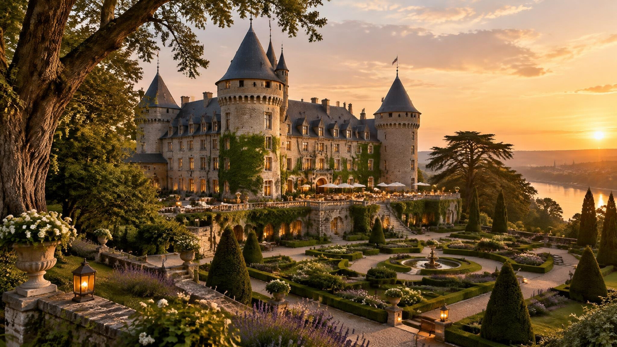 Historic castle converted into a hotel with towers and formal gardens