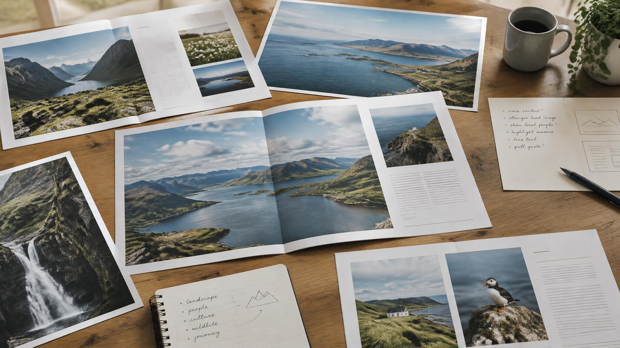 Editorial meeting table with printed article layouts and photographs