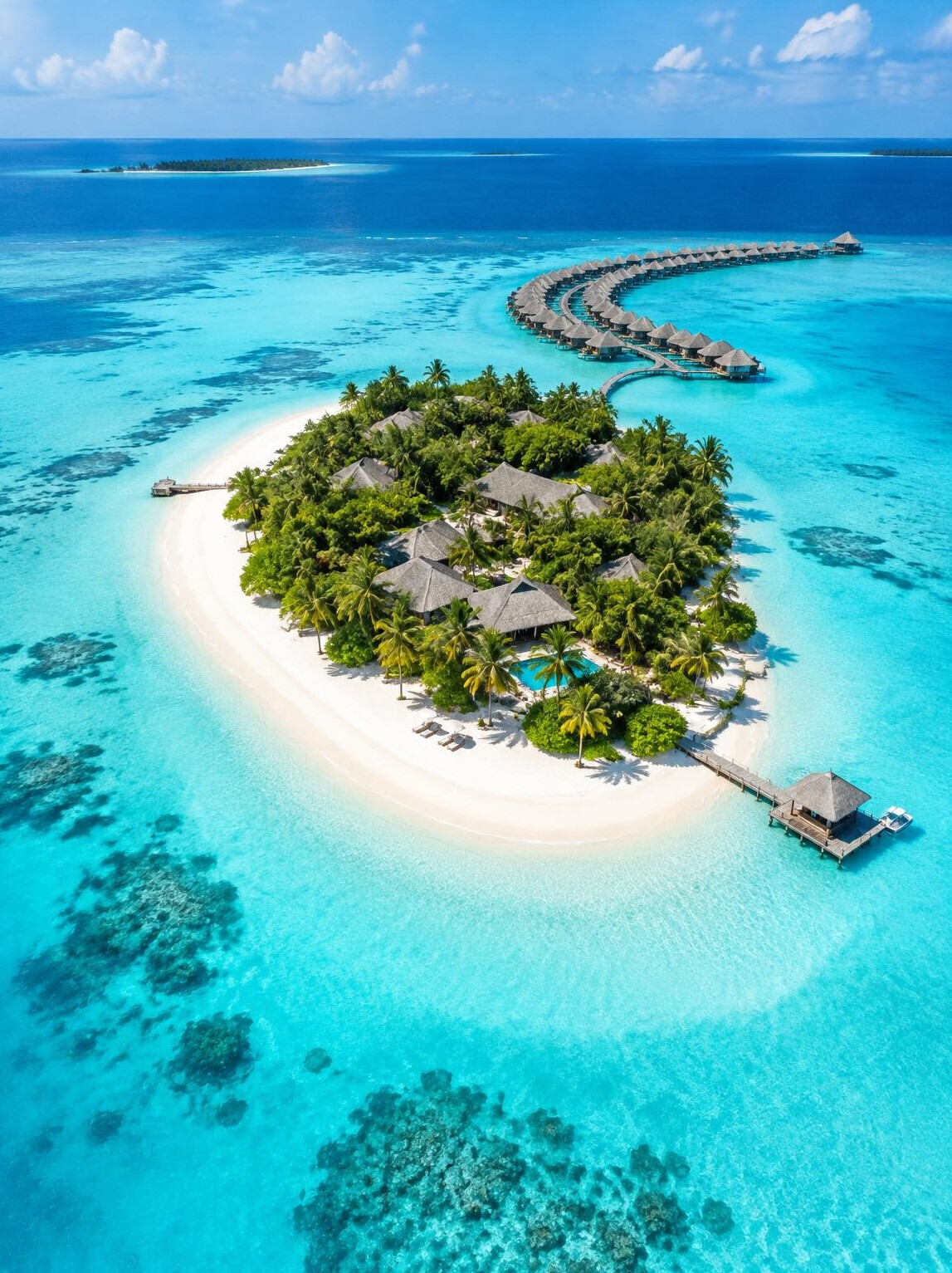 Tropical Maldives island with a bright blue lagoon seen from above