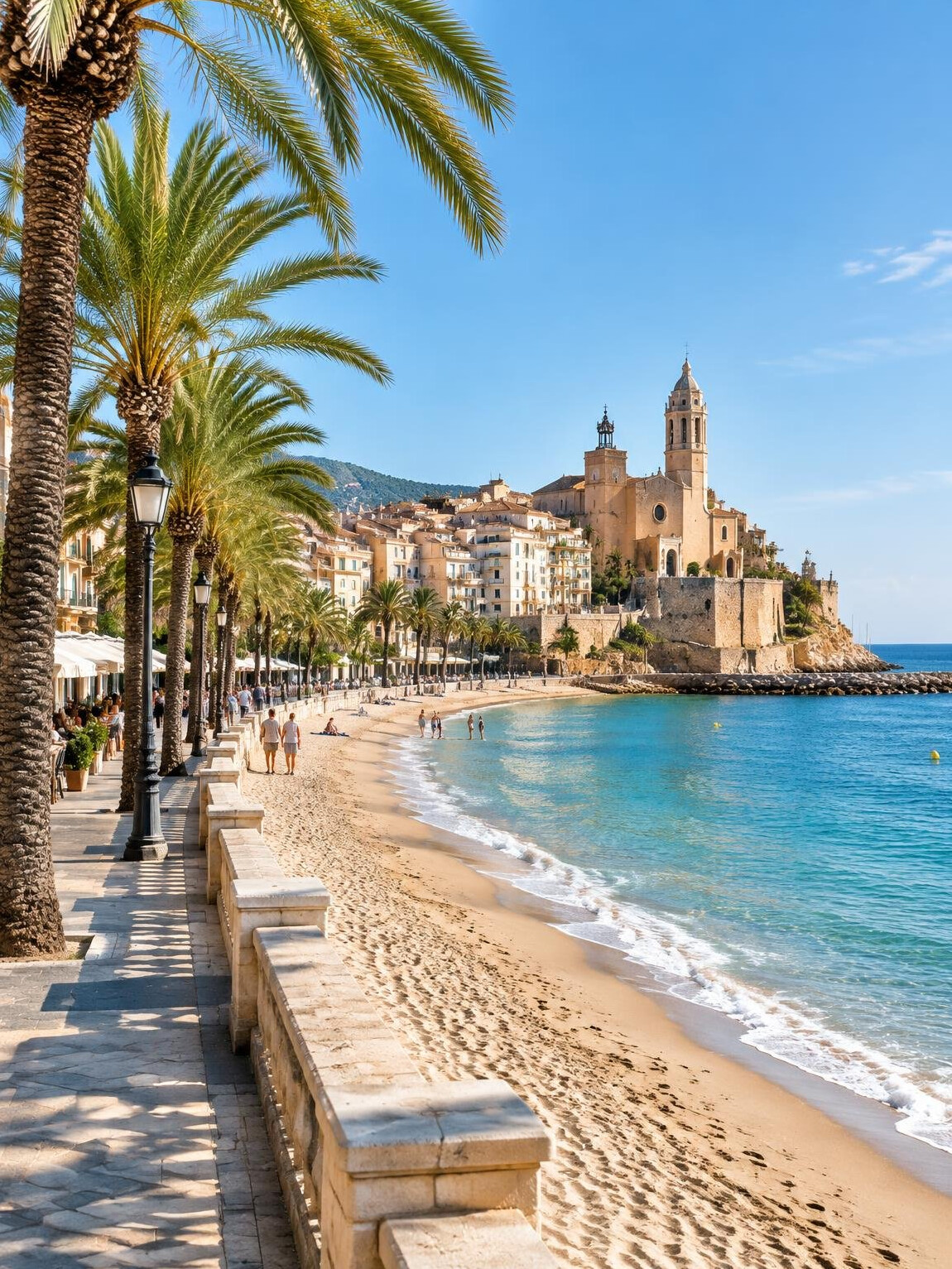 Spanish Mediterranean beach with a palm-lined promenade and old town buildings