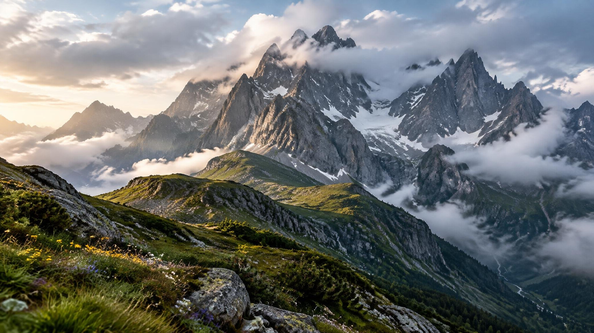 Dramatic jagged mountain range with clouds around the peaks