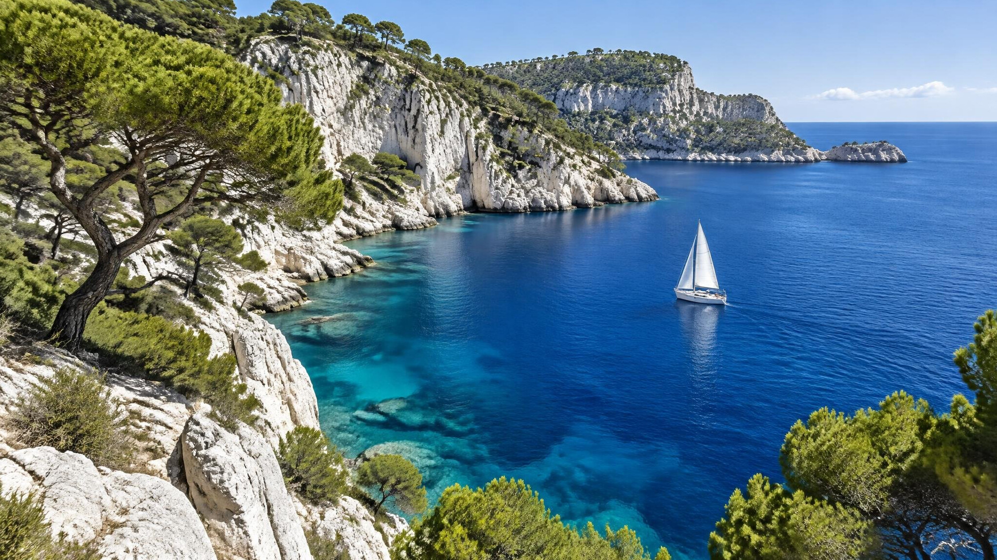 Mediterranean coastline with white cliffs and a blue bay