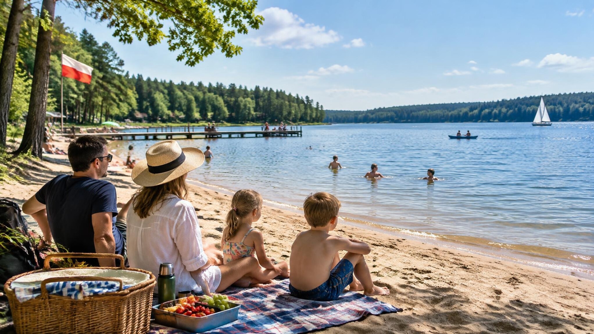 family at polish lake beach