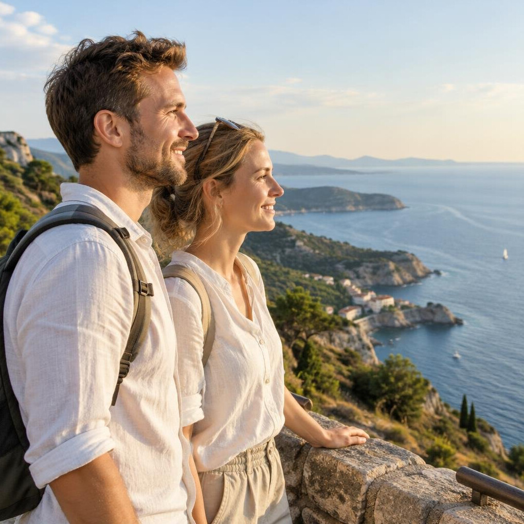 Caucasian couple of travelers enjoying a scenic viewpoint with a sea view