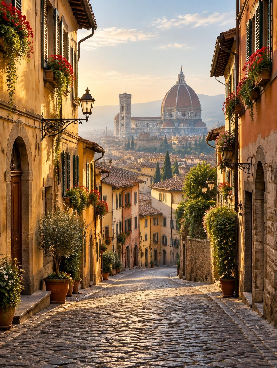 Cobblestone street in a European old town with a historic dome in the distance