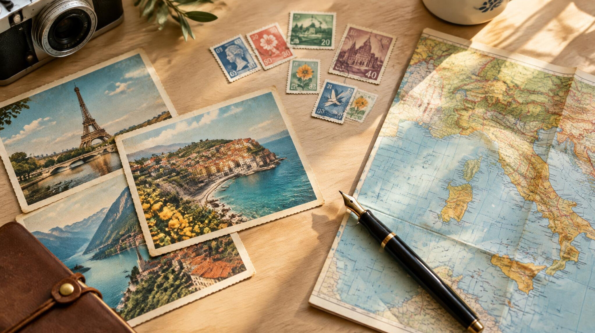 Vintage postcards, stamps and a map spread on a desk