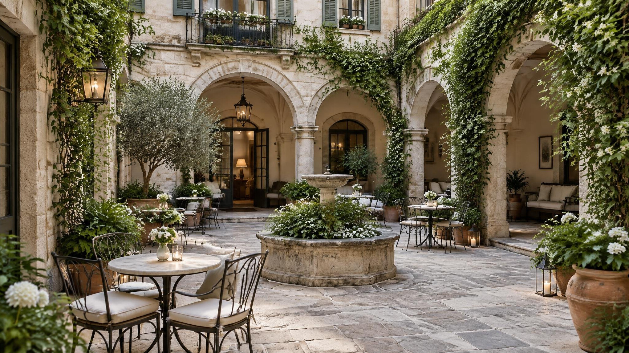 Boutique hotel courtyard in a historic European city with stone arches and plants