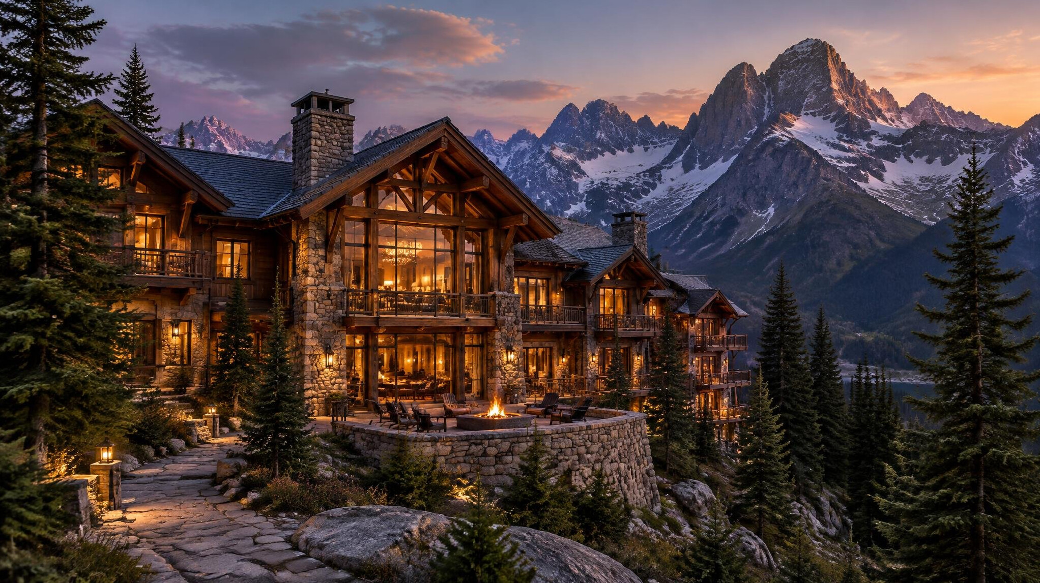 Elegant mountain lodge resort in the Alps surrounded by pine trees and peaks