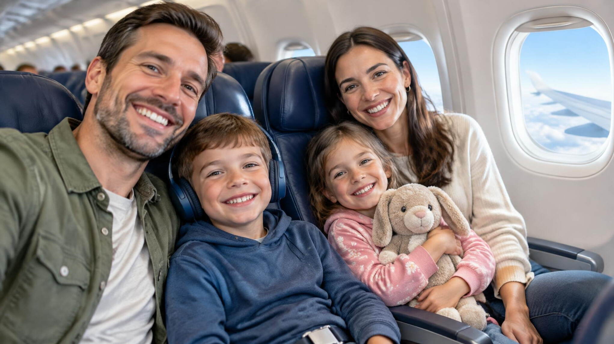 family with kids on airplane