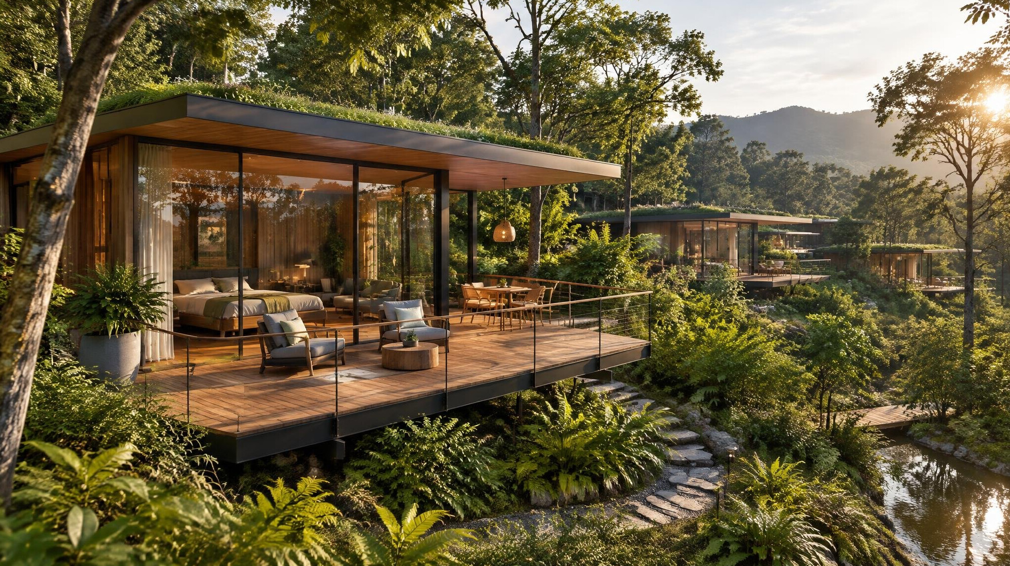 Modern eco hotel with glass walls surrounded by green forest