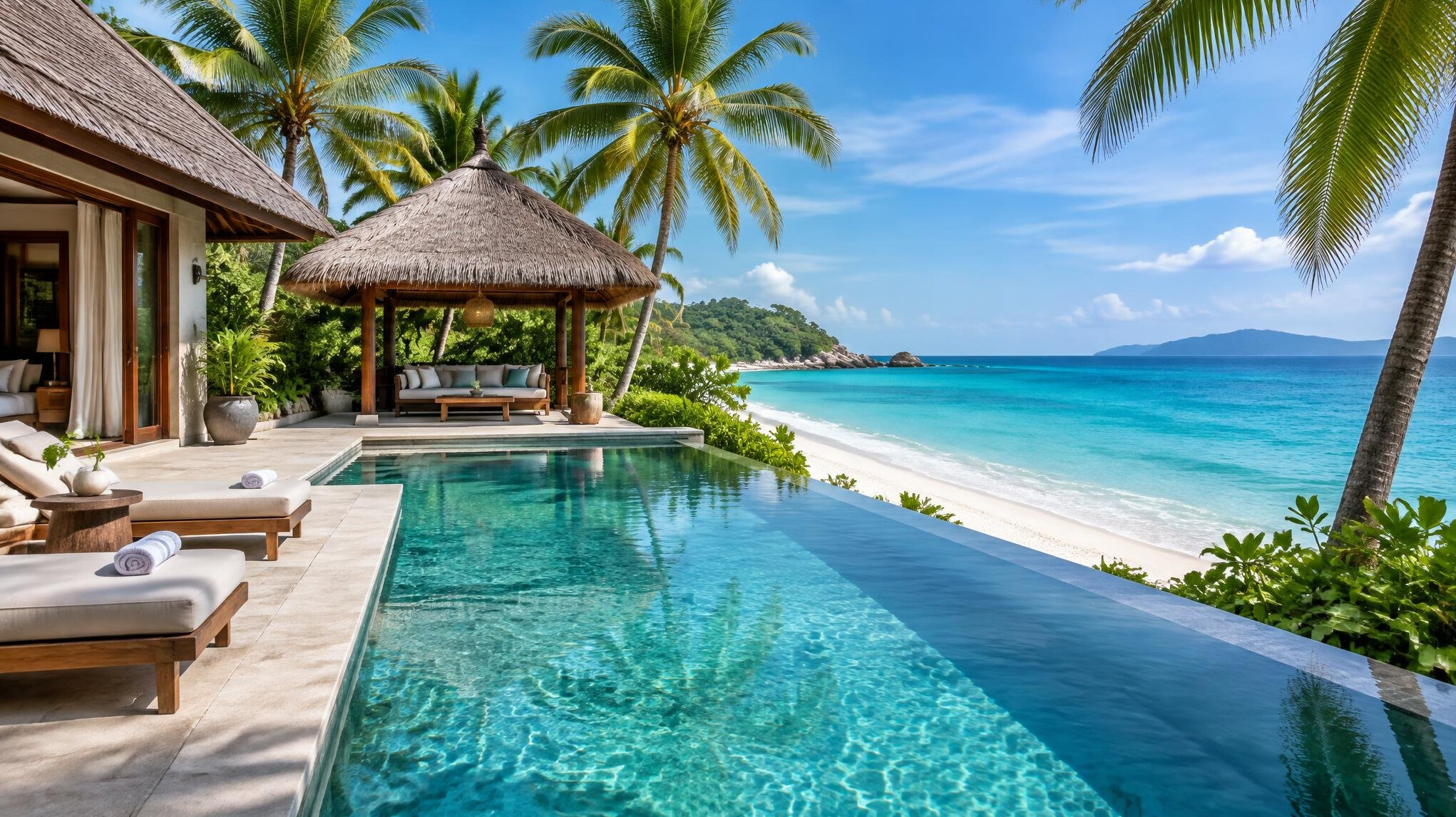 Tropical villa with an infinity pool, palm trees and a beach view