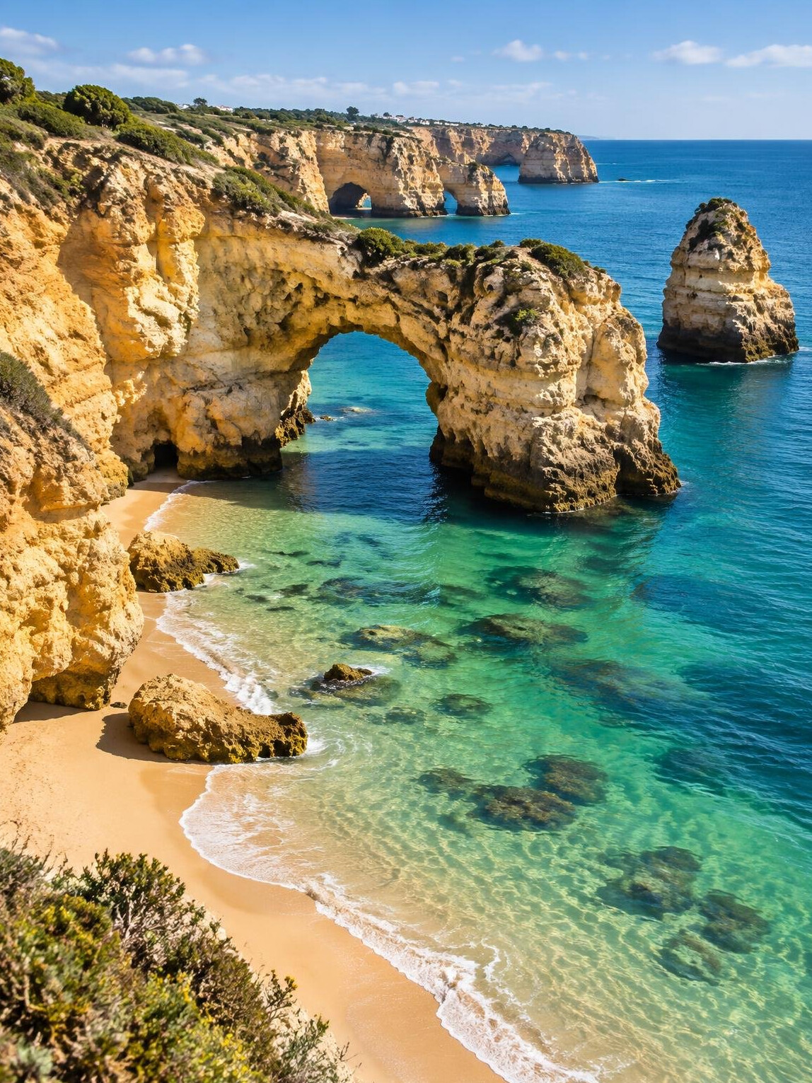 Golden cliffs and a sandy beach on the Algarve coast in Portugal