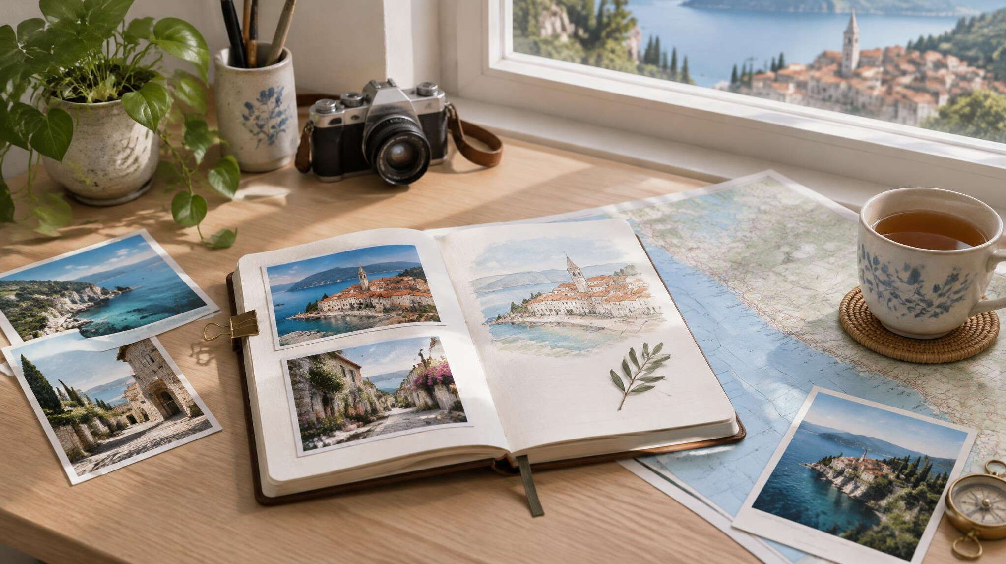 Editorial desk with a travel journal, postcards and a window view