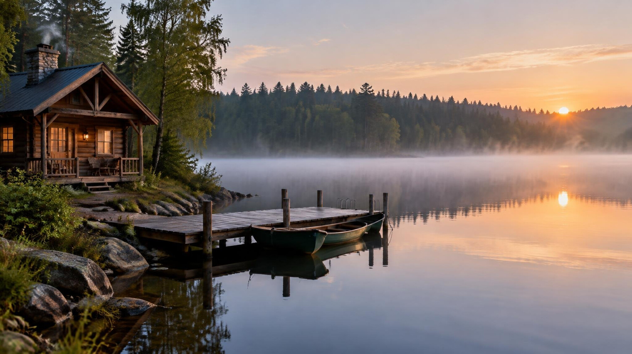Wooden lakeside cabin with a pier on a calm misty lake