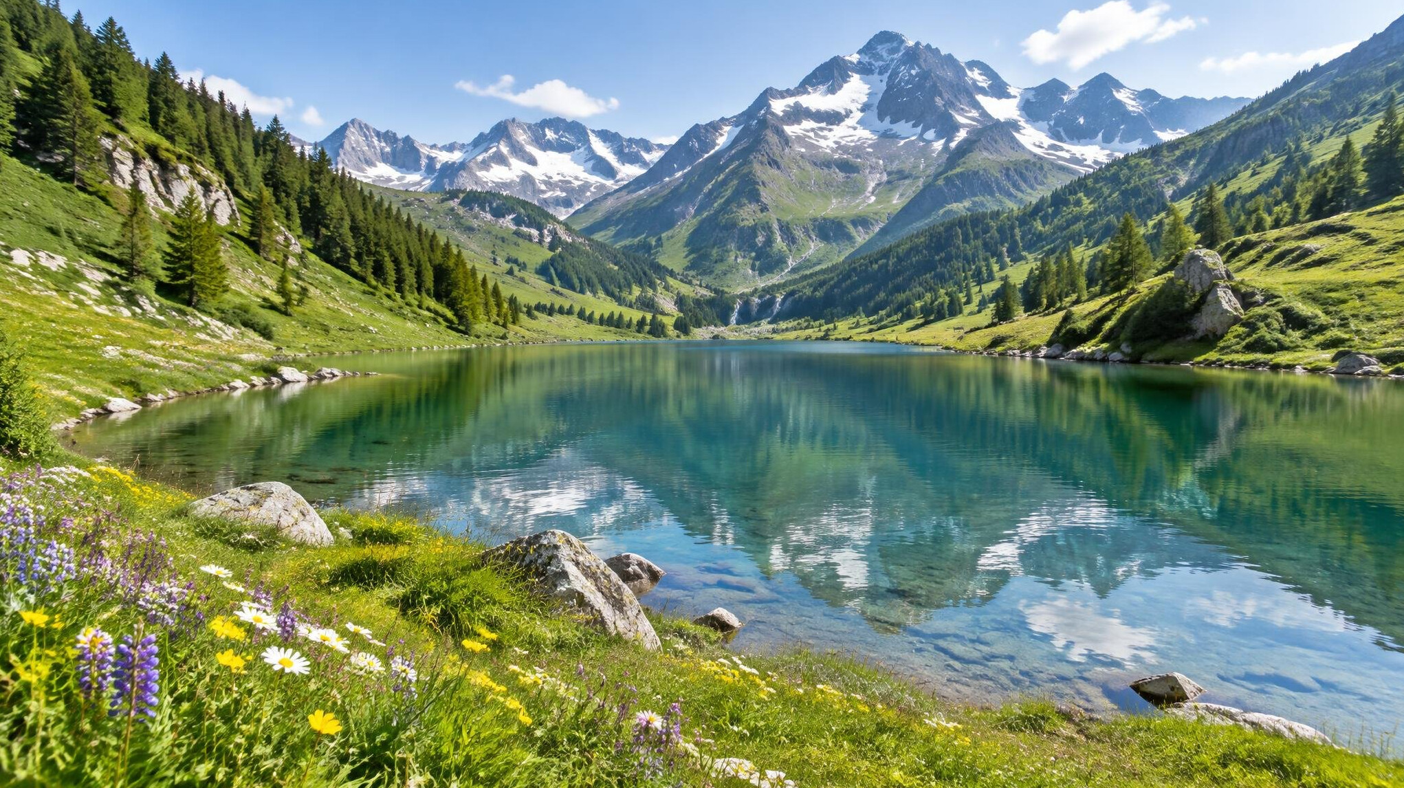 Alpine lake in a green valley with flowering meadows and mountains