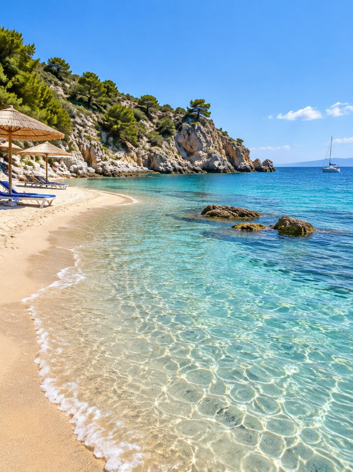 Summer beach with clear water and a few umbrellas